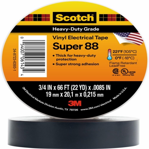 3M 7000058434 - 3M Scotch® Vinyl Electrical Tape Super 88, 3/4 in x 36 yd, Black, 12,rolls/carton
