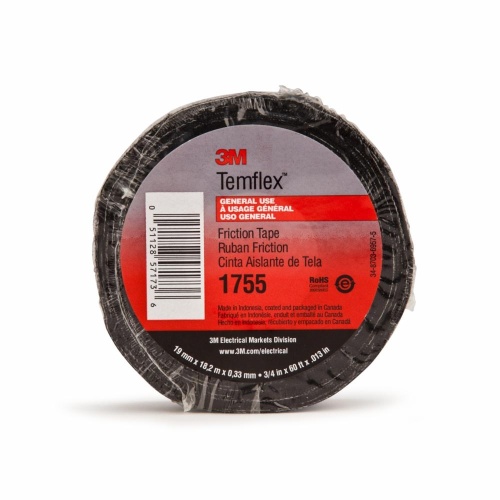 3M 7000058870 - 3M Temflex™ Cotton Friction Tape 1755, 3/4 in x 60 ft, Black, 20