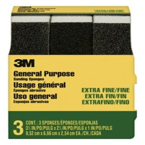 3M 7010335348 - General Purpose Sanding Sponge 907NA-3P-CC, 3 3/4 in x 2 5/8 in x 1 in, Dual Grit, Extra Fine/Fine