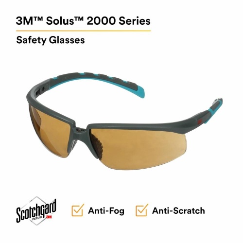 3M 7100203166 - 3M Solus™ 2000 Series, S2005SGAF-BGR, Gray/Blue-Green Temples, Scotchgard™ Anti-Fog Coating, Brown AF-AS lens