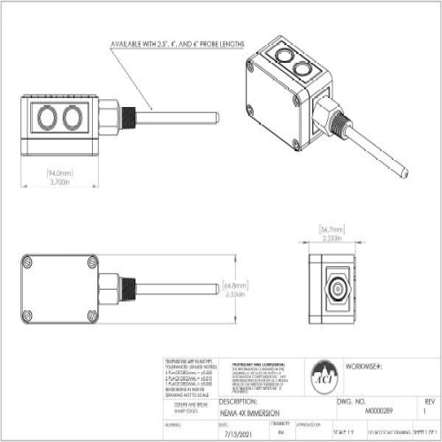 ACI 131241 A/100-3W-I-2.5"-4X 3 Wire,100 Ohm Immersion RTD