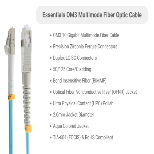 Cable FMD5G-LCSC-01 Fiber Optic Patch Cable - 3.3', OM3, LC - SC, OFNR, Multimode, 50 Micron, Aqua