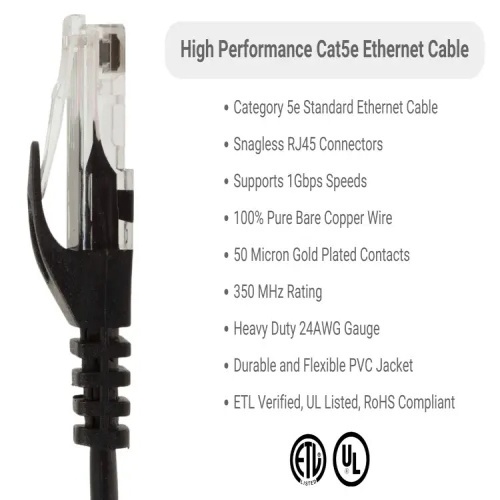 Cable PC5-BK-100-EZ Ethernet Patch Cable - Cat 5E, 100', PVC, 24 AWG, 350 Mhz, Black