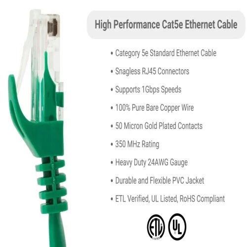 Cable PC5-GR-10-EZ Ethernet Patch Cable - Cat 5E, 10', PVC, 24 AWG, 350 Mhz, Green