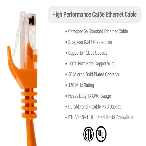 Cable PC5-OR-14-EZ Ethernet Patch Cable - Cat 5E, 14', PVC, 24 AWG, 350 Mhz, Orange