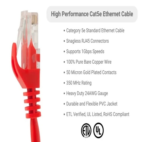 Cable PC5-RE-50-EZ Ethernet Patch Cable - Cat 5E, 50', PVC, 24 AWG, 350 Mhz, Red