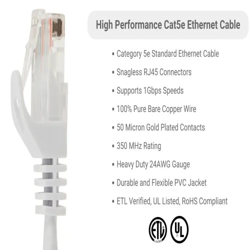 Cable PC5-WH-100-EZ Ethernet Patch Cable - Cat 5E, 100', PVC, 24 AWG, 350 Mhz, White