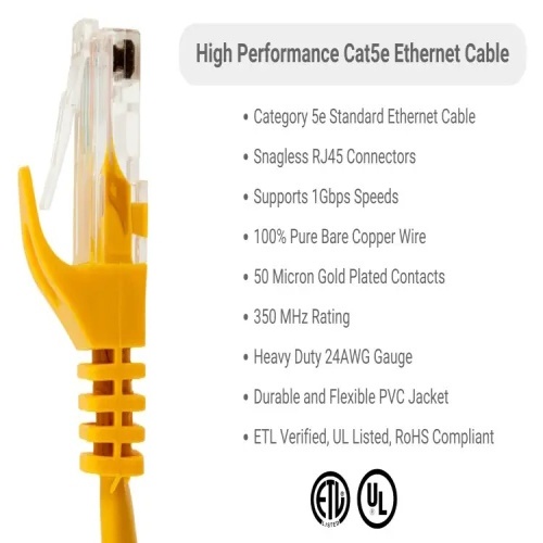 Cable PC5-YL-05-EZ Ethernet Patch Cable - Cat 5E, 5', PVC, 24 AWG, 350 Mhz, Yellow