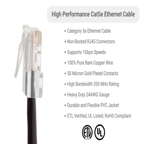 Cable PC5NB-BK-50 Ethernet Patch Cable - Cat 5E, 50', PVC, 24 AWG, 350 Mhz, Black