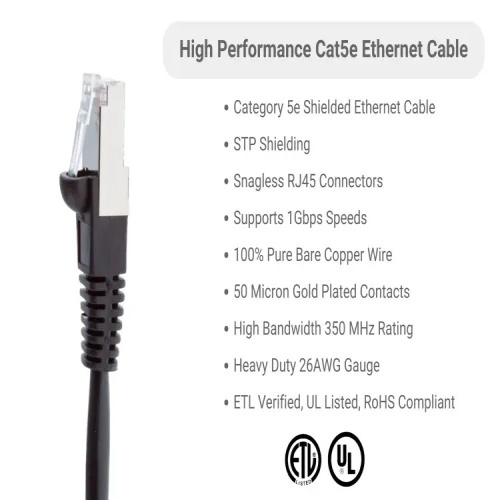 Cable PC5S-BK-03 Ethernet Patch Cable - Cat 5E, 3', PVC, 26 AWG, 350 Mhz, Black