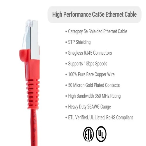 Cable PC5S-RE-05 Ethernet Patch Cable - Cat 5E, 5', PVC, 26 AWG, 350 Mhz, Red
