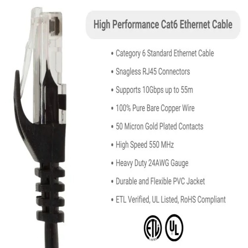 Cable PC6-BK-100-EZ Ethernet Patch Cable - Cat 6, 100', PVC, 24 AWG, 550 Mhz, Black