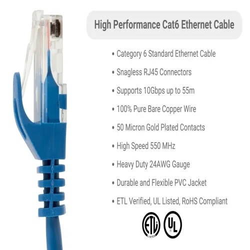 Cable PC6-BL-10-EZ Ethernet Patch Cable - Cat 6, 10', PVC, 24 AWG, 550 Mhz, Blue