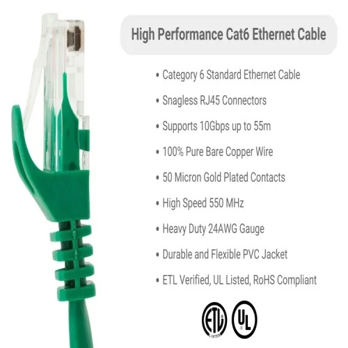 Cable PC6-GR-02-EZ Ethernet Patch Cable - Cat 6, 2', PVC, 24 AWG, 550 Mhz, Green
