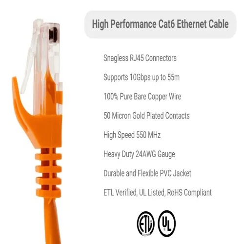 Cable PC6-OR-10-EZ Ethernet Patch Cable - Cat 6, 10', PVC, 24 AWG, 550 Mhz, Orange