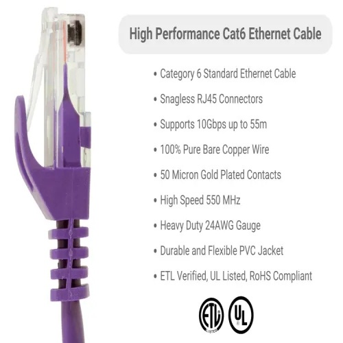 Cable PC6-PL-01-EZ Ethernet Patch Cable - Cat 6, 1', PVC, 24 AWG, 550 Mhz, Purple
