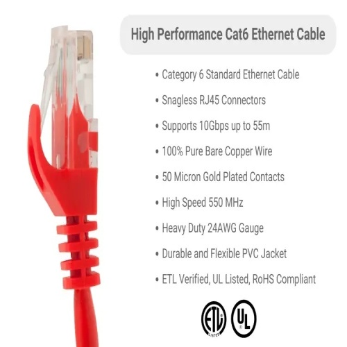 Cable PC6-RE-10-EZ Ethernet Patch Cable - Cat 6, 10', PVC, 24 AWG, 550 Mhz, Red
