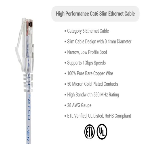 Cable PC6-WH-25-SLIM Ethernet Patch Cable - Cat 6, 25', PVC, 28 AWG, 550 Mhz, White