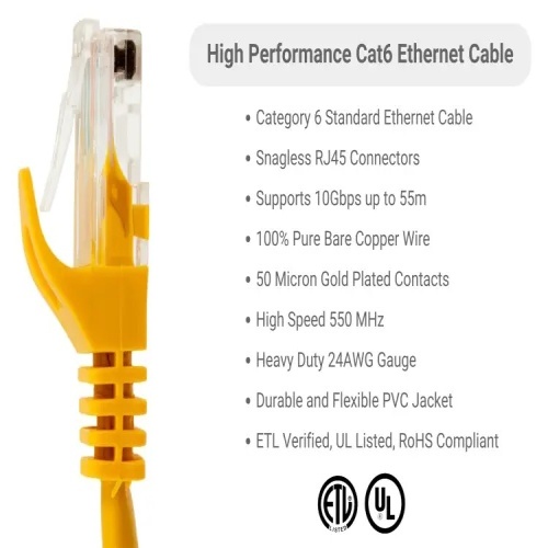Cable PC6-YL-02-EZ Ethernet Patch Cable - Cat 6, 2', PVC, 24 AWG, 550 Mhz, Yellow