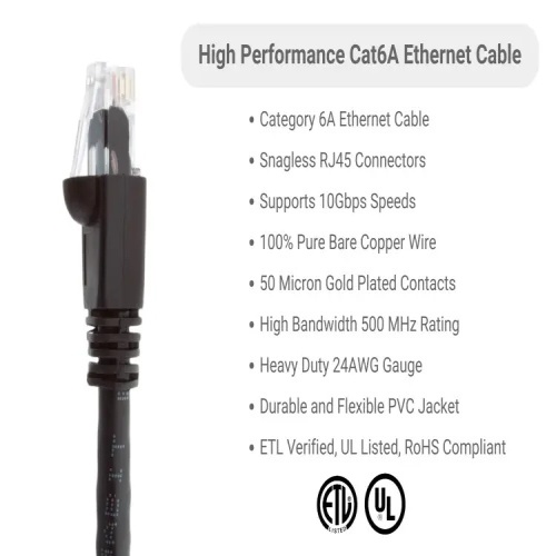 Cable PC6A-BK-15 Ethernet Patch Cable - Cat 6A, 15', PVC, 24 AWG, 500 Mhz, Black