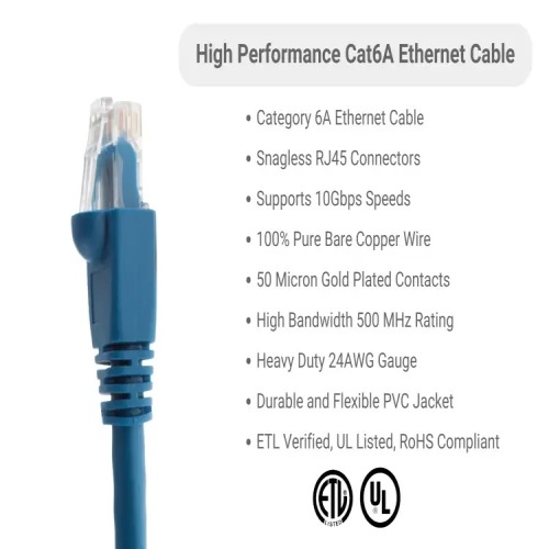Cable PC6A-BL-03 Ethernet Patch Cable - Cat 6A, 3', PVC, 24 AWG, 500 Mhz, Blue