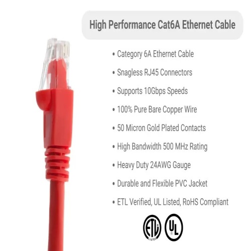 Cable PC6A-RE-35 Ethernet Patch Cable - Cat 6A, 35', PVC, 24 AWG, 500 Mhz, Red