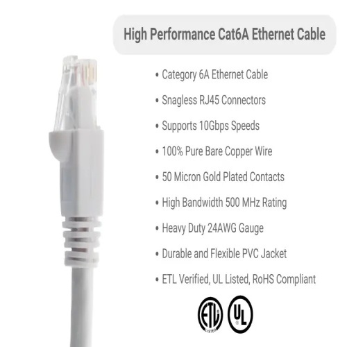 Cable PC6A-WH-02 Ethernet Patch Cable - Cat 6A, 2', PVC, 24 AWG, 500 Mhz, White