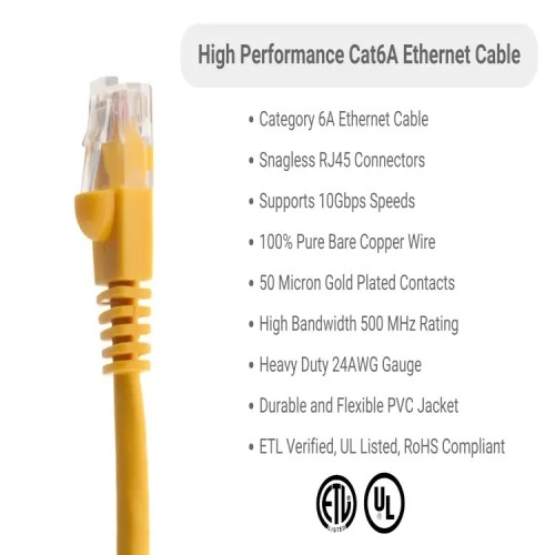Cable PC6A-YL-07 Ethernet Patch Cable - Cat 6A, 7', PVC, 24 AWG, 500 Mhz, Yellow