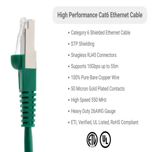 Cable PC6S-GR-05 Ethernet Patch Cable - Cat 6, 5', PVC, 26 AWG, 550 Mhz, Green