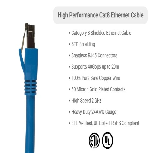 Cable PC8S-BL-01-EZ Ethernet Patch Cable - Cat 8, 1', PVC, 24 AWG, 2 Ghz, Blue
