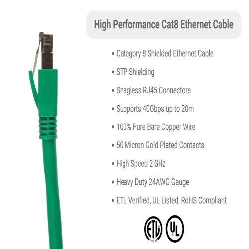 Cable PC8S-GR-0.5-EZ Ethernet Patch Cable - Cat 8, 0.5', PVC, 24 AWG, 2 Ghz, Green