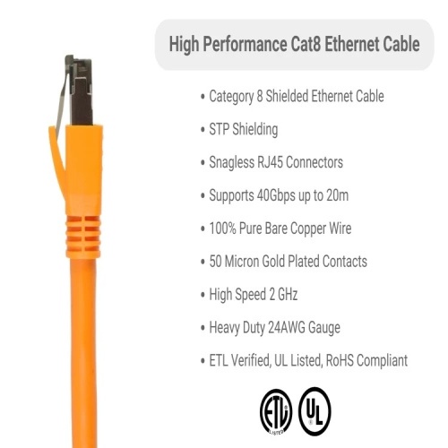 Cable PC8S-OR-03-EZ Ethernet Patch Cable - Cat 8, 3', PVC, 24 AWG, 2 Ghz, Orange