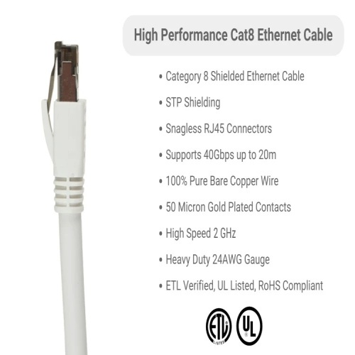 Cable PC8S-WH-0.5-EZ Ethernet Patch Cable - Cat 8, 0.5', PVC, 24 AWG, 2 Ghz, White