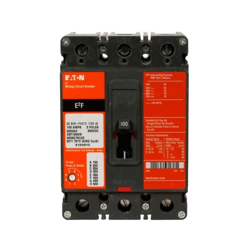 Eaton E2F050KMS22 Mining Molded Case Circuit Breaker, E2 Series, 600 Max Volt, 50 Amp, Three Pole