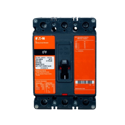 Eaton E2F050YMA02U62 Mining Molded Case Circuit Breaker, E2 Series, 600 Max Volt, 50 Amp, Three Pole