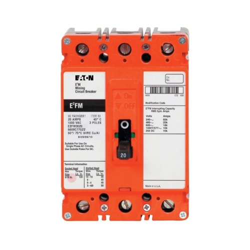 Eaton E2FM050KMA02S22 Mining Molded Case Circuit Breaker, E2 Series, 577 Max Volt, 50 Amp, Three Pole