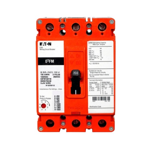 Eaton E2FM150TM Mining Molded Case Circuit Breaker, E2 Series, 577 Max Volt, 150 Amp, Three Pole