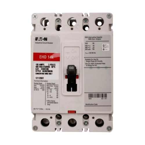 Eaton EHD3090VW Molded Case Circuit Breaker, C Series, 480 Max Volt, 90 Amp, Three Pole