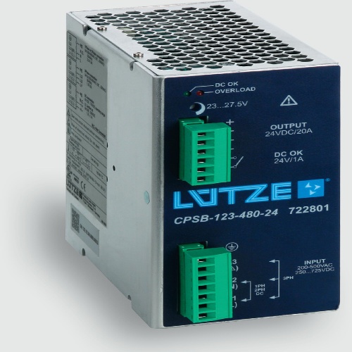 Lutze 722801 CPSB-123-480-24 Power Supply 1-2-3 Phase,480W,24V, 20A