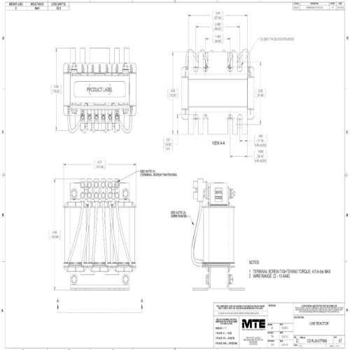 MTE RLW-07P606 RLW Series Reactor - 600 Volt, 5 HP, 6mH, 7.6 Amp, Open
