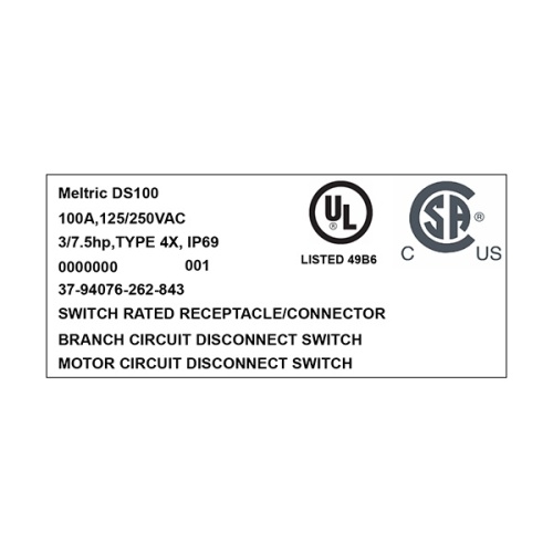 Meltric 37-94076-262-843 Switch-Rated Receptacle - 125/250 VAC, 100 Amp, Metal