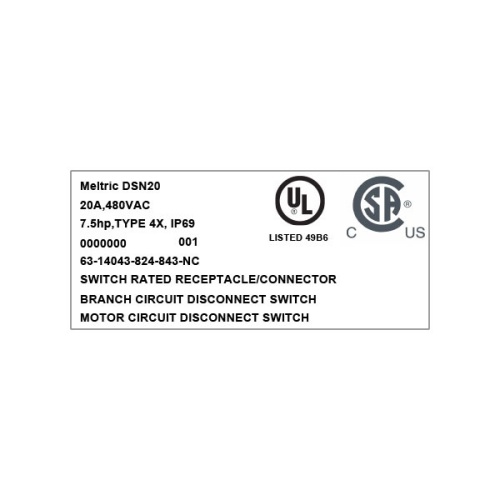 Meltric 63-14043-824-843-NC DSN20 Switch-Rated Receptacle 480 VAC 20A Blue Poly