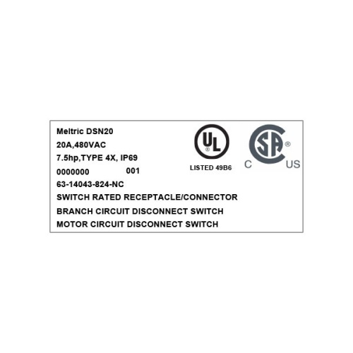 Meltric 63-14043-824-NC DSN20 Switch-Rated Receptacle 480 VAC 20A Blue Poly