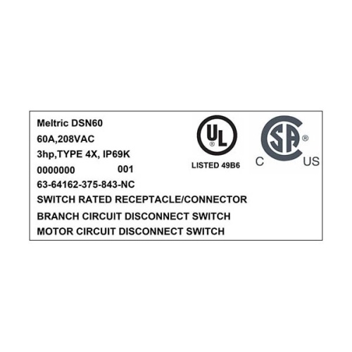 Meltric 63-64162-375-843-NC DSN60 Switch-Rated Receptacle 208 VAC 60A Blue Poly