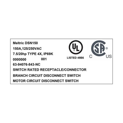 Meltric 63-94076-843-NC DSN150 Switch-Rated Receptacle 125/250 VAC 150A Blue Poly