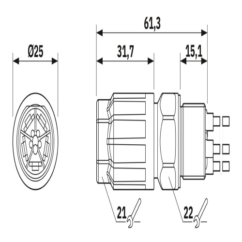 Produktbild von PHOENIX CONTACT QPD C 2PE1.5 2X4-9 BK Leitungsverbinder – QUICKON, 2+PE, 690V, 17,5A, Für 0,5-1,5mm², Kabel 5-9,5mm