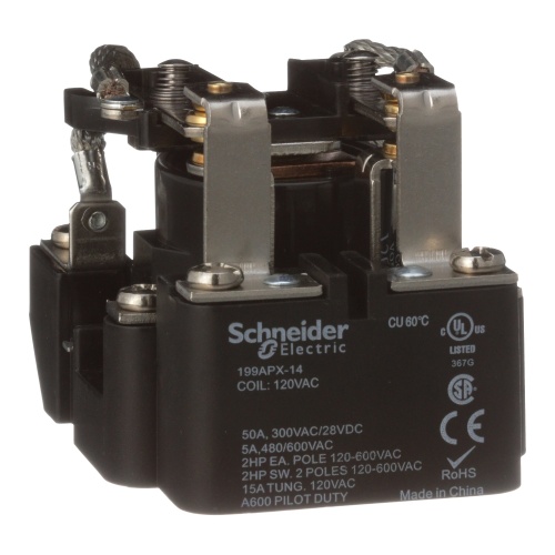 Schneider Electric 199APX-14 Power relay, SE Relays, DPDT, 50A, 120 VAC