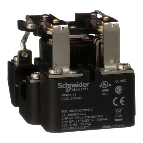 Schneider Electric 199AX-15 Power relay, SE Relays, DPDT, 40A, 240 VAC