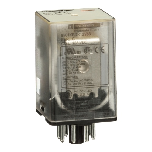 Schneider Electric 8501KPDR12V63 Plug in relay, Type KP, tubular, 1 HP at 277 VAC, 10A resistive at 120 VAC, 8 pin, DPDT, 2 NO, 2 NC, 125 VDC coil