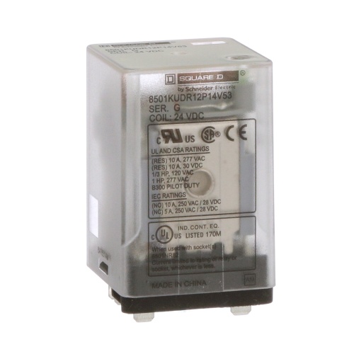 Schneider Electric 8501KUDR12P14V53 Plug in relay, Type KU, blade, 0.5 HP at 240 VAC, 10A resistive at 120 VAC, 8 blade, DPDT, 2 NO, 2 NC, 24 VDC coil